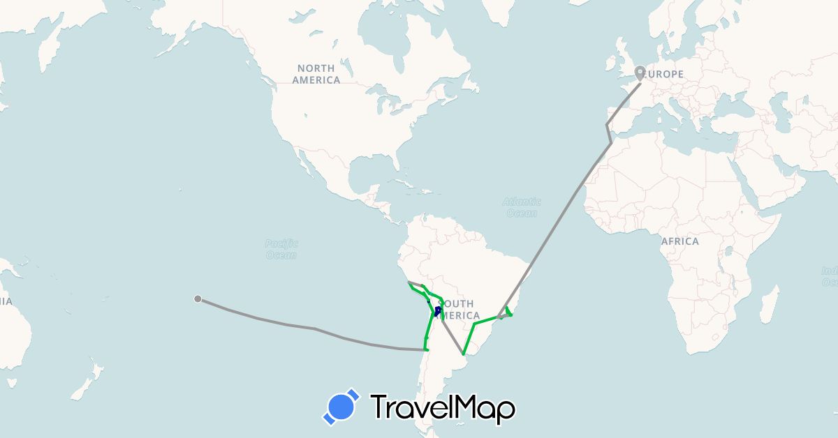 TravelMap itinerary: driving, bus, plane, hiking, boat in Argentina, Bolivia, Brazil, Chile, France, Morocco, Peru, French Polynesia, Portugal (Africa, Europe, Oceania, South America)